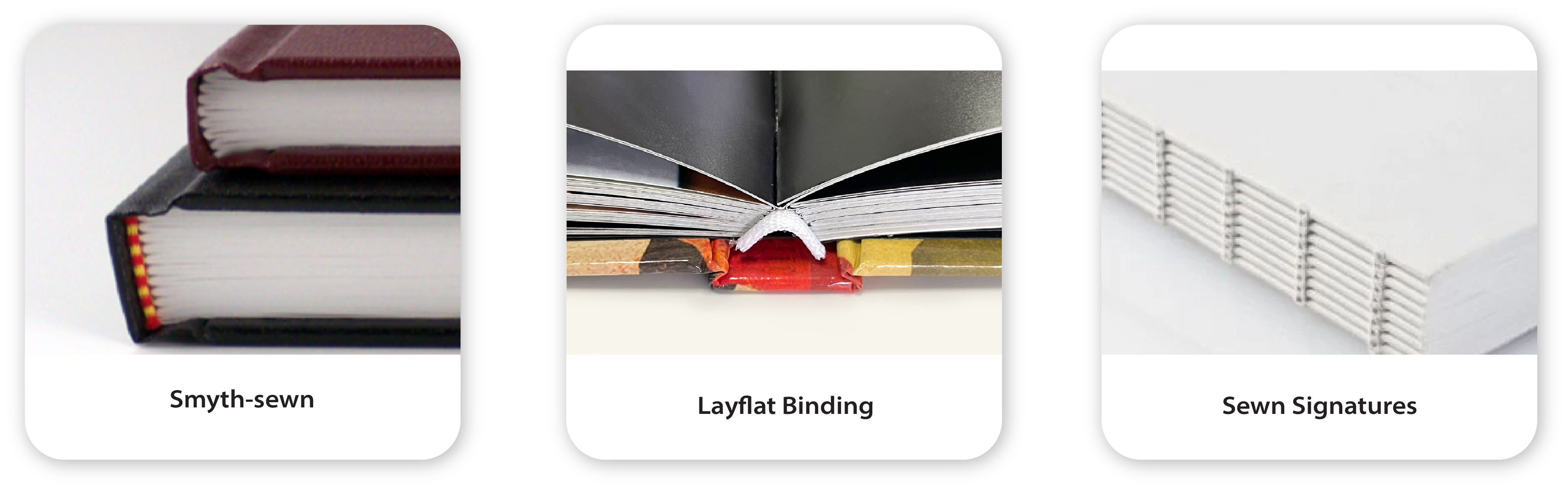 Smyth sewn binding, layflat binding, and sewn signatures shown side by side