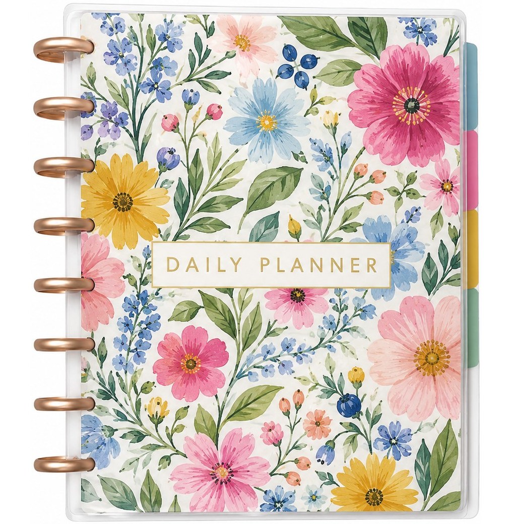 A floral discbound daily planner with a 10mil laminated cover, rose gold discs, and colored tab dividers