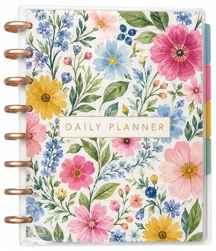 Disc bound daily planner with a laminated floral cover and tabbed dividers