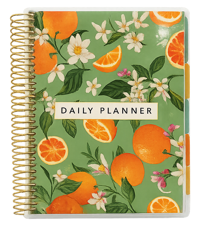Metal spiral bound daily planner with a laminated citrus cover