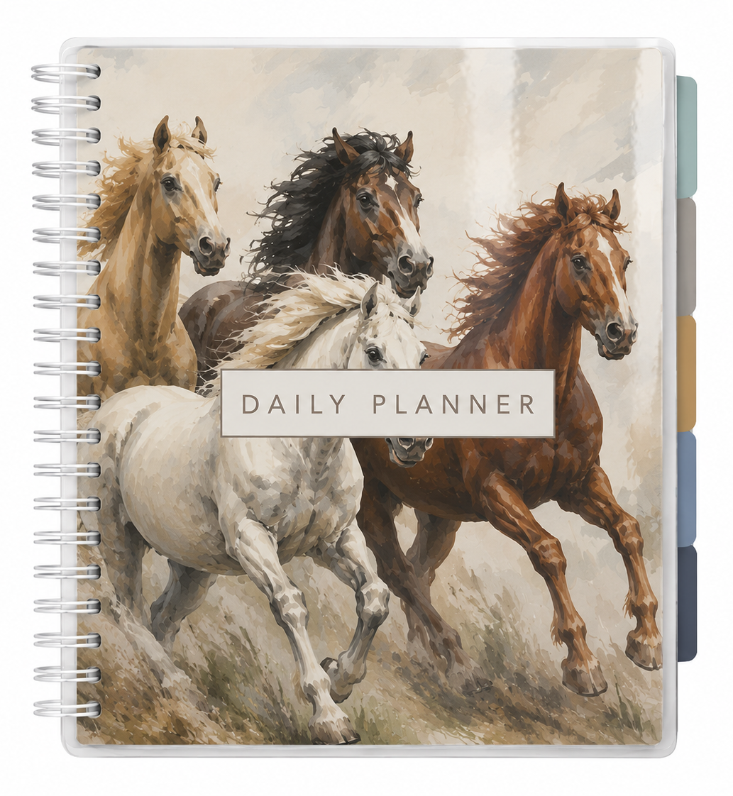 Wire-o bound daily planner with a laminated floral cover and tabbed dividers