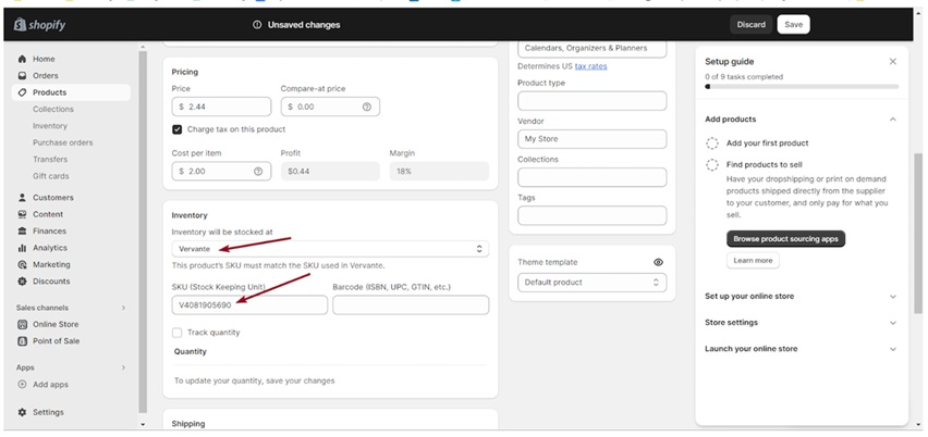 Selecting Vervante in the Shopify inventory drop down