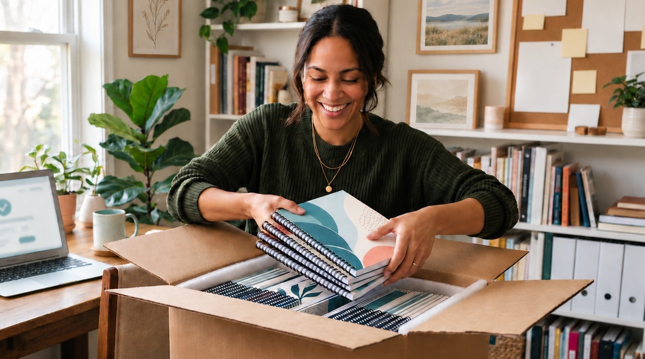 Author unpacking a shipment of printed workbooks