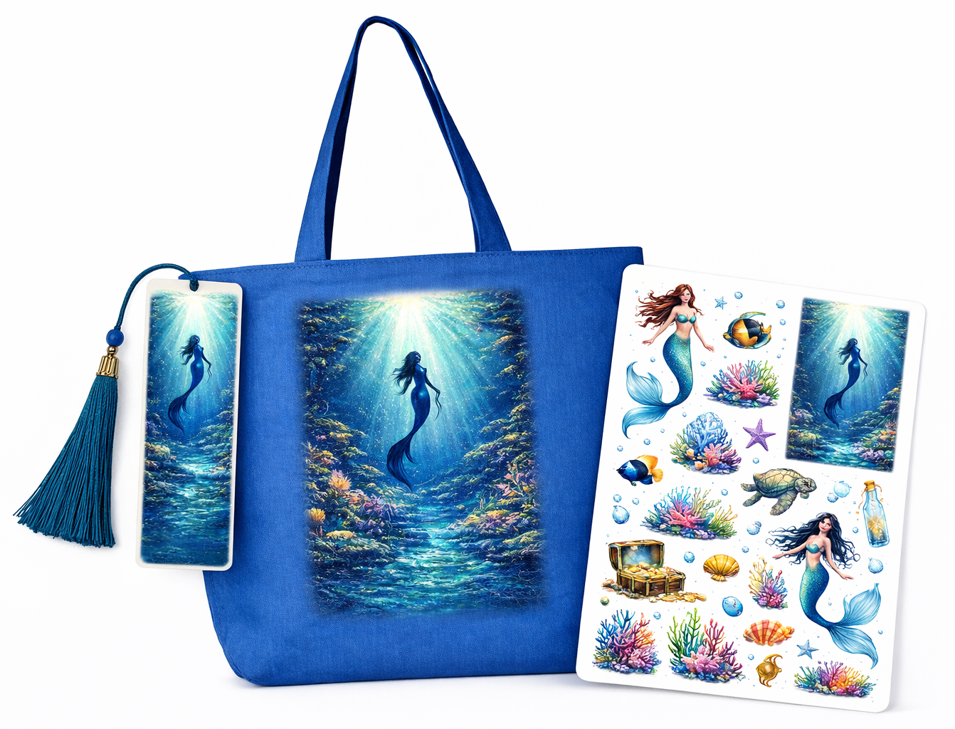 Book launch items including tote, bookmark, and stickers