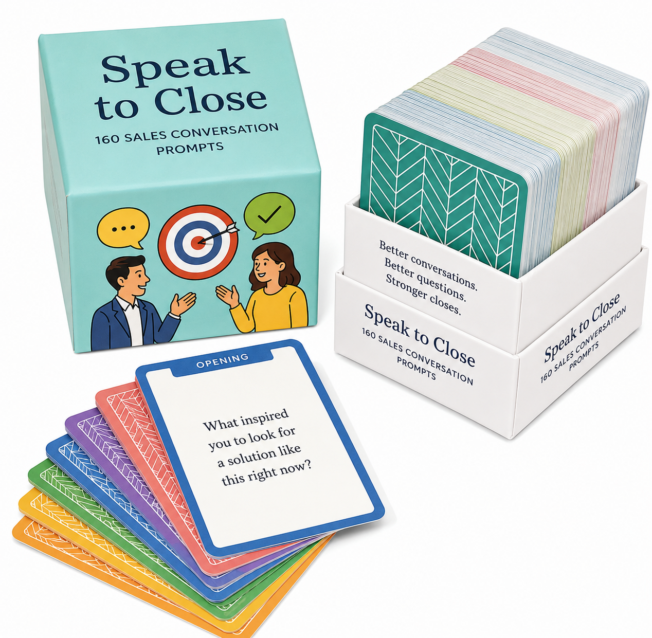 Custom printed coaching prompt deck with two-piece rigid box and color-coded prompt cards