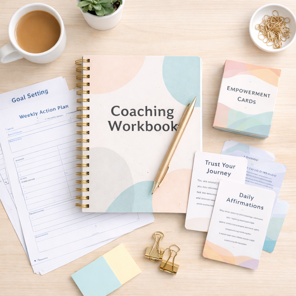 Coaching products including workbook, cards, and worksheets