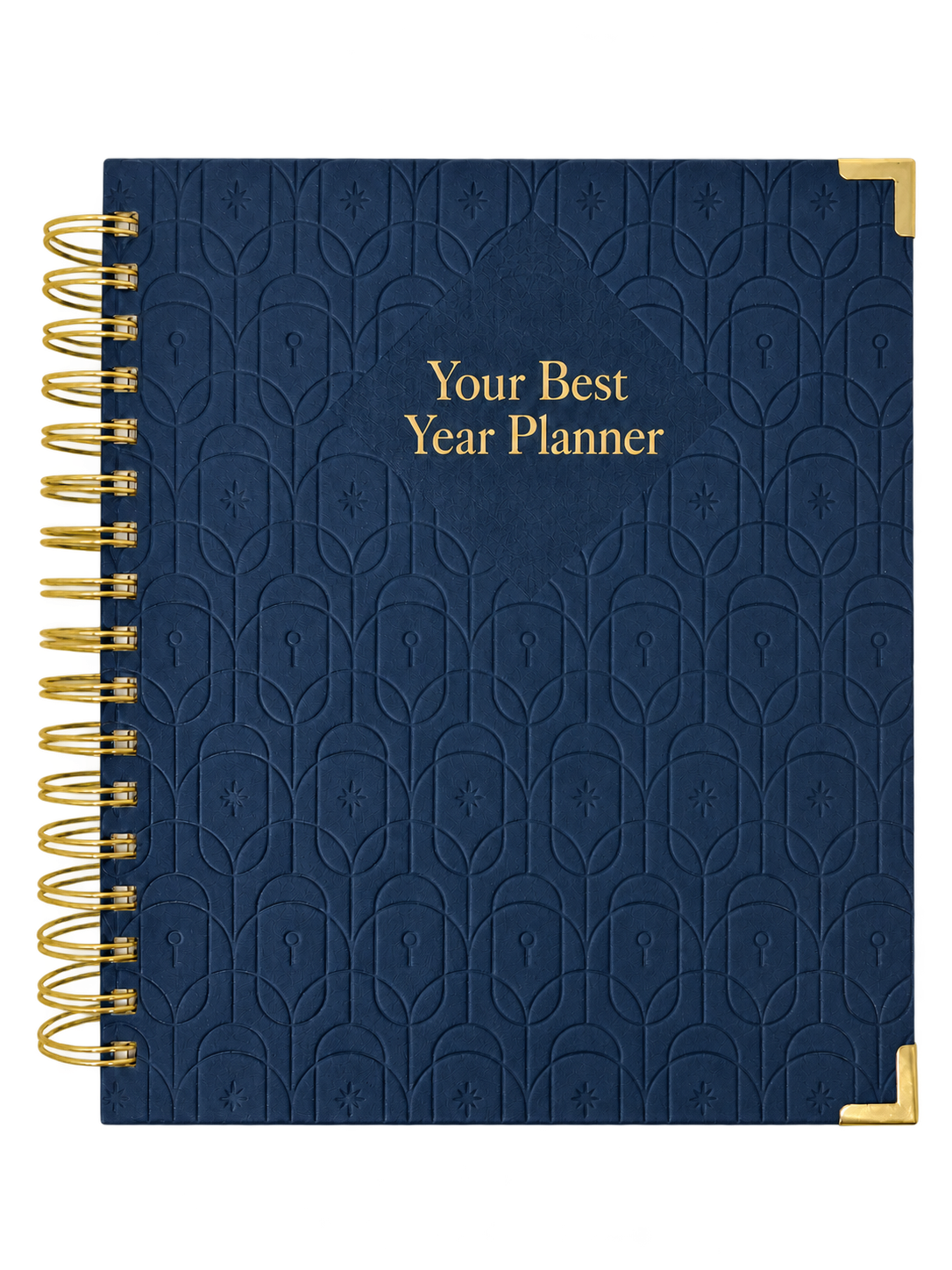 Navy faux leather planner cover with an all-over debossed pattern, a gold foil stamped title, gold metal corners, and gold metal spiral binding