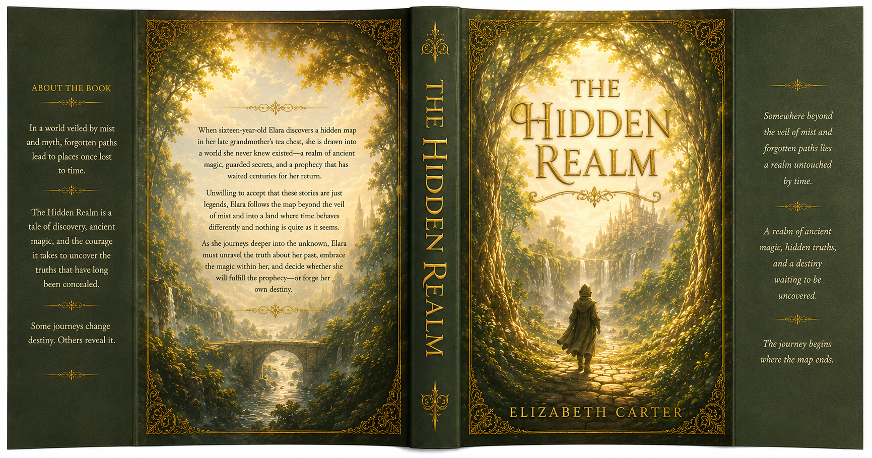 Example two-sided dust jacket showing a daytime forest scene with castle and cloaked figure
