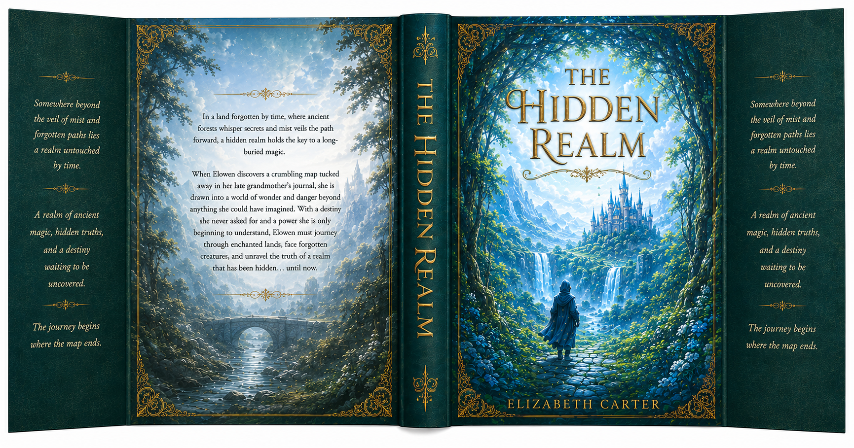 Example two-sided dust jacket flipped to show a golden sunset version of the same forest scene