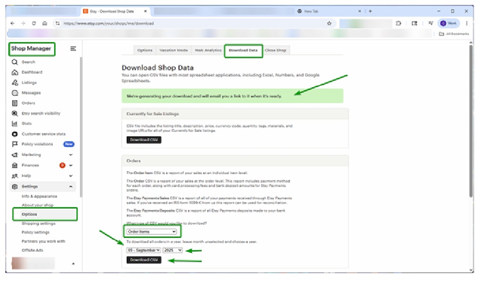 The Etsy Download Data page with the Orders section