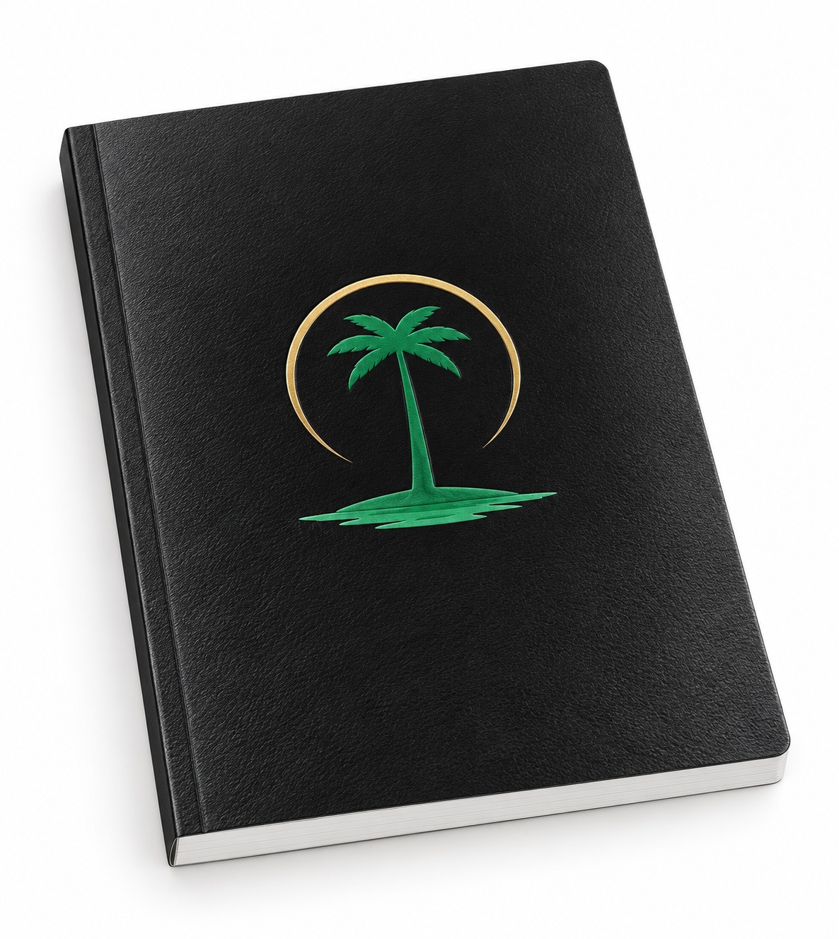 Black faux leather perfect bound softcover with a foil stamped palm tree logo