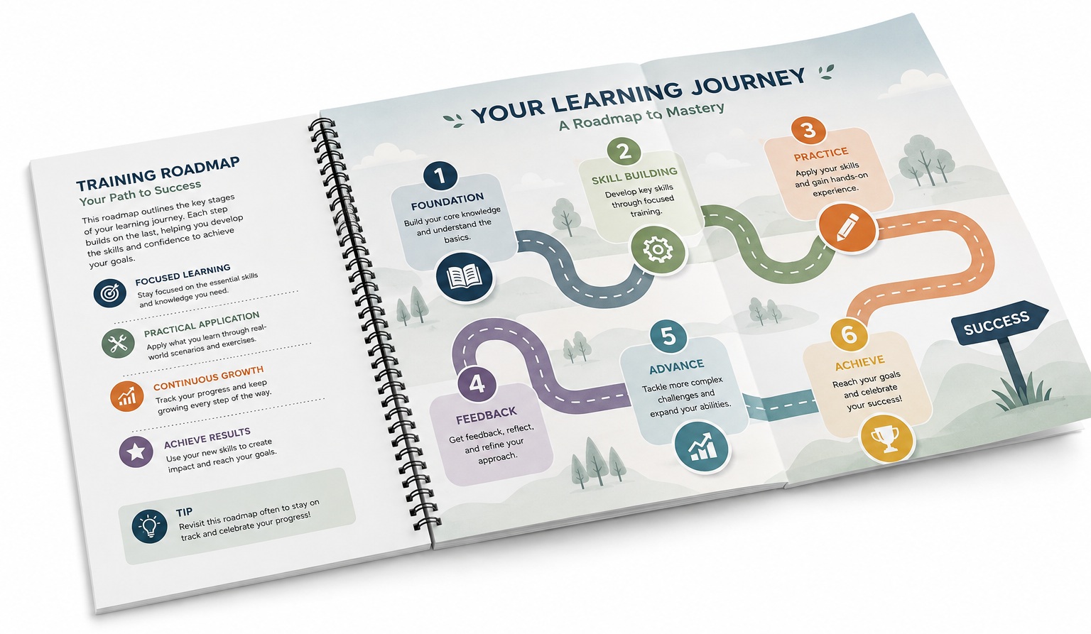 A training roadmap printed as a fold-out sheet bound into a spiral bound book, opened flat
