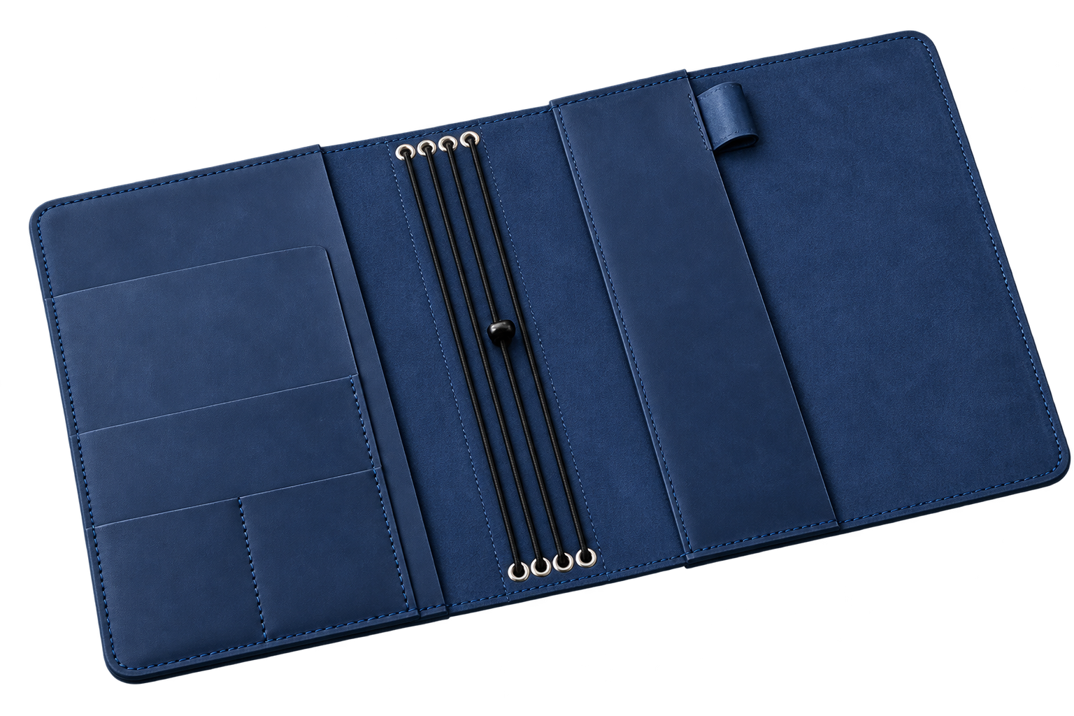 Open blue leather elastic folio cover with elastic bands down the spine