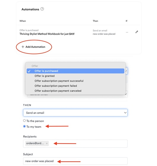 The Kajabi automation setup showing the WHEN and THEN options with recipient and subject