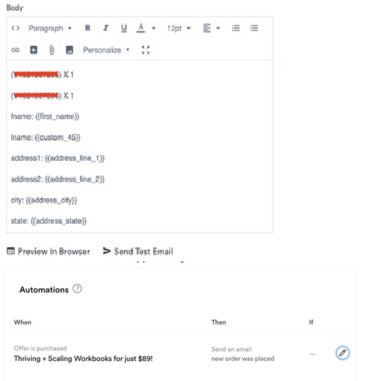 The Kajabi email body editor with the order format and personalize fields