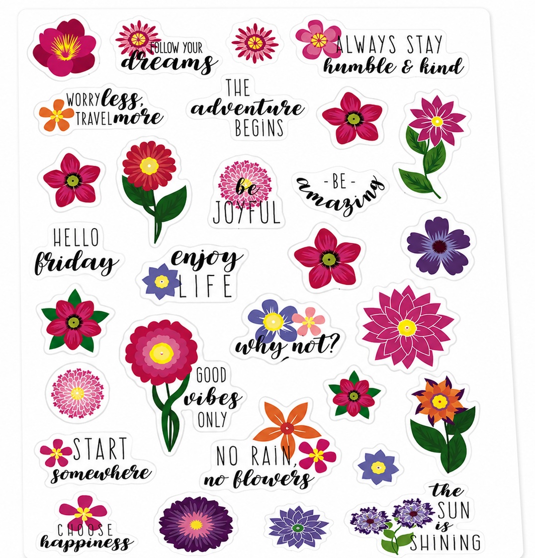 A kiss-cut sticker sheet holding around thirty individual stickers on one backing