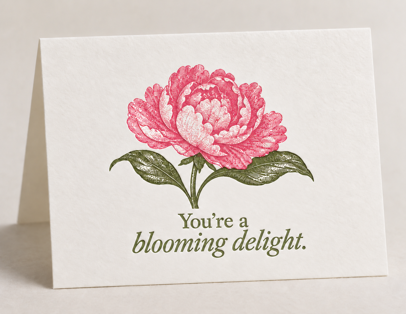 Folded letterpress notecard with a two-color peony illustration