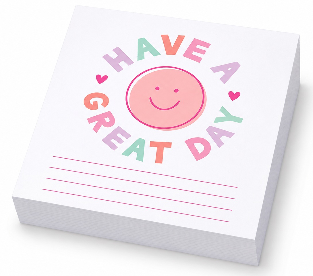 Custom printed lunch box note pad with a smiling face design
