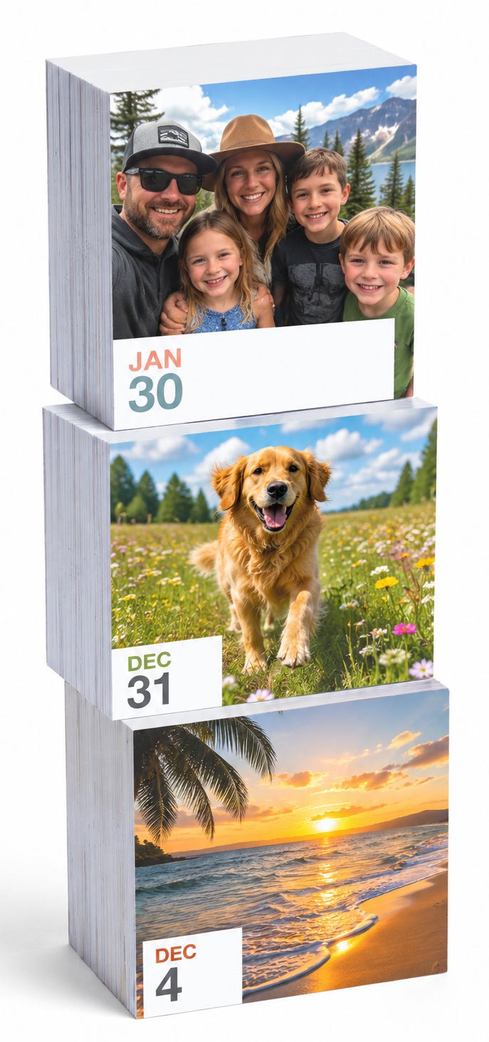 Three tear off photo calendar pads with personalized photographs and dates