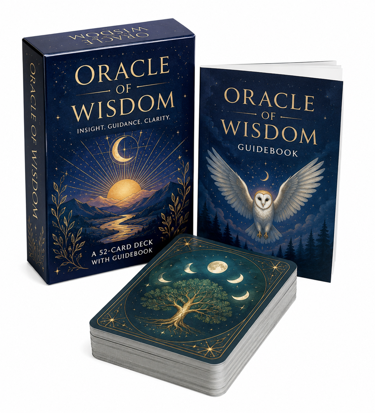 Custom oracle deck packaged with a companion guidebook in a foil-stamped tuck box
