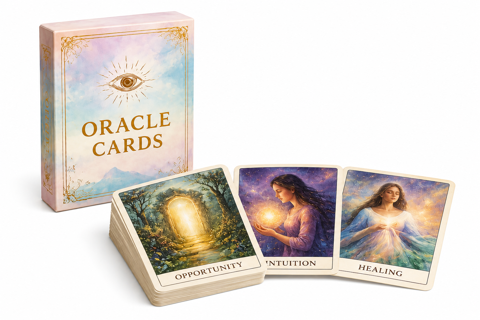 Custom printed oracle deck with watercolor packaging and illustrated cards