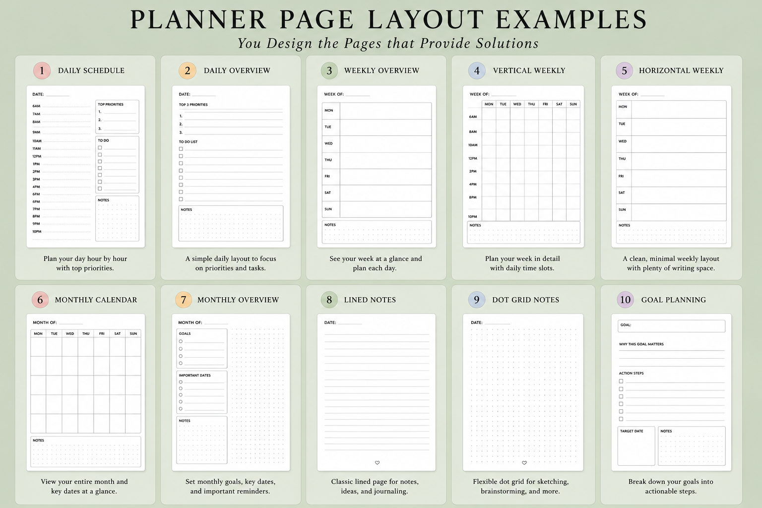 Examples of planner page layouts a creator might offer their buyers