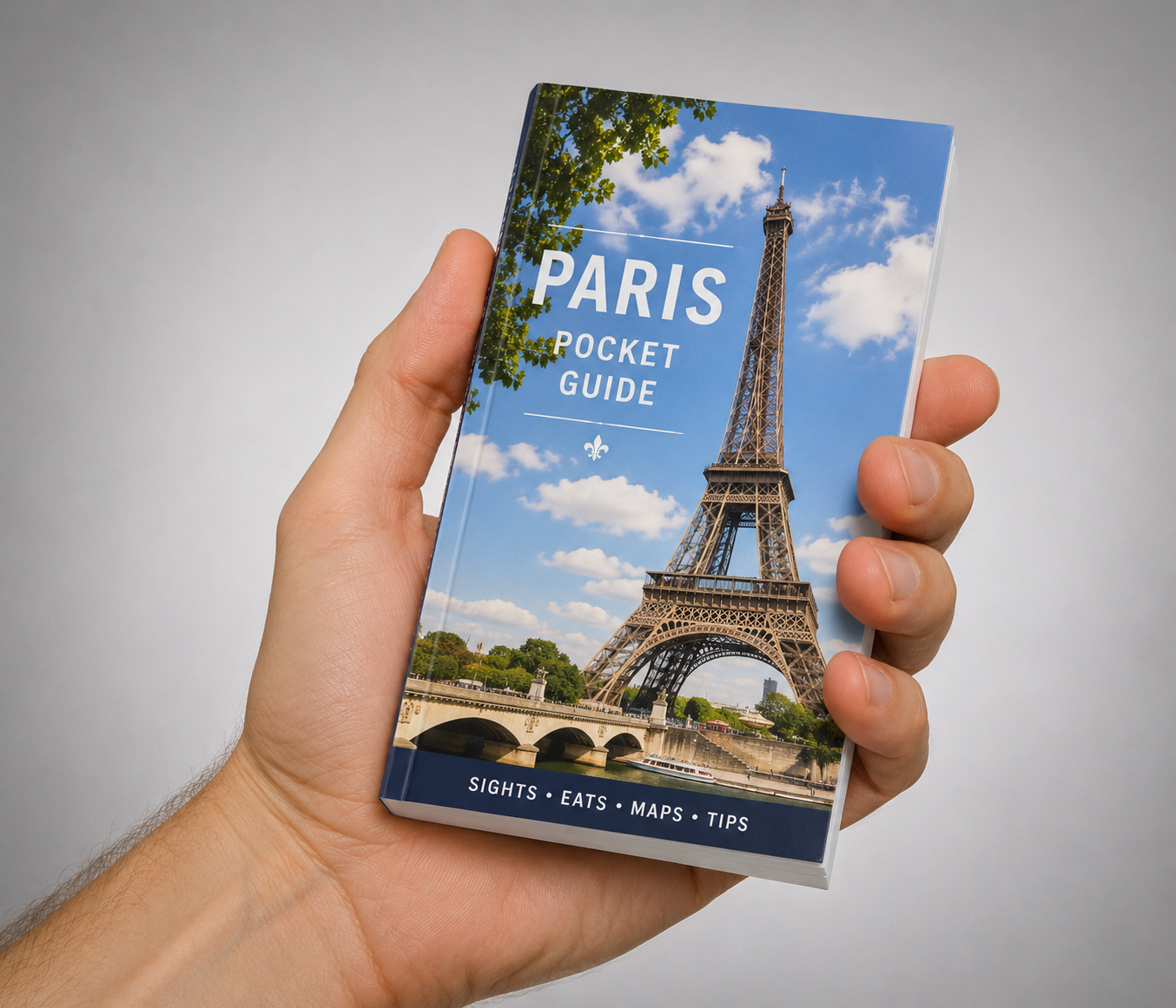 Pocket size perfect bound travel guide held in hand