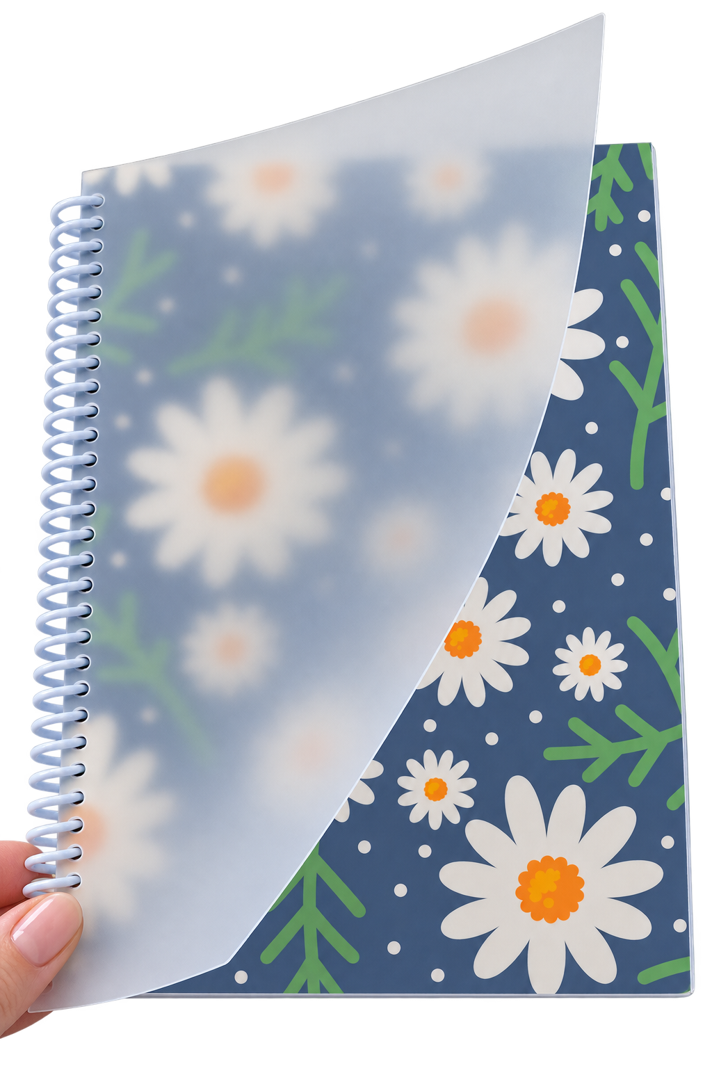 Plain frosted poly overlay protecting a daisy print softcover book