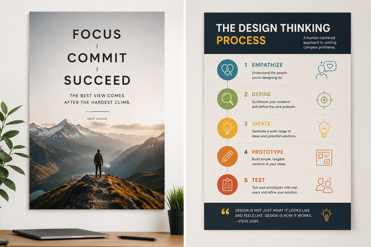 Two custom printed posters, a quote poster and a process infographic, displayed on a wall
