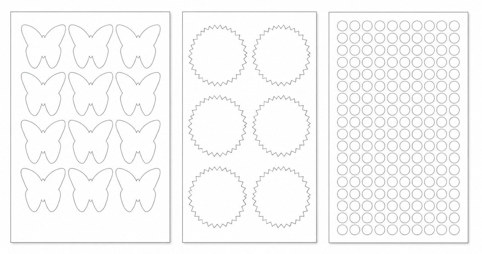 Three pre-cut sticker sheets in stock shapes: butterflies, starbursts, and small rounds