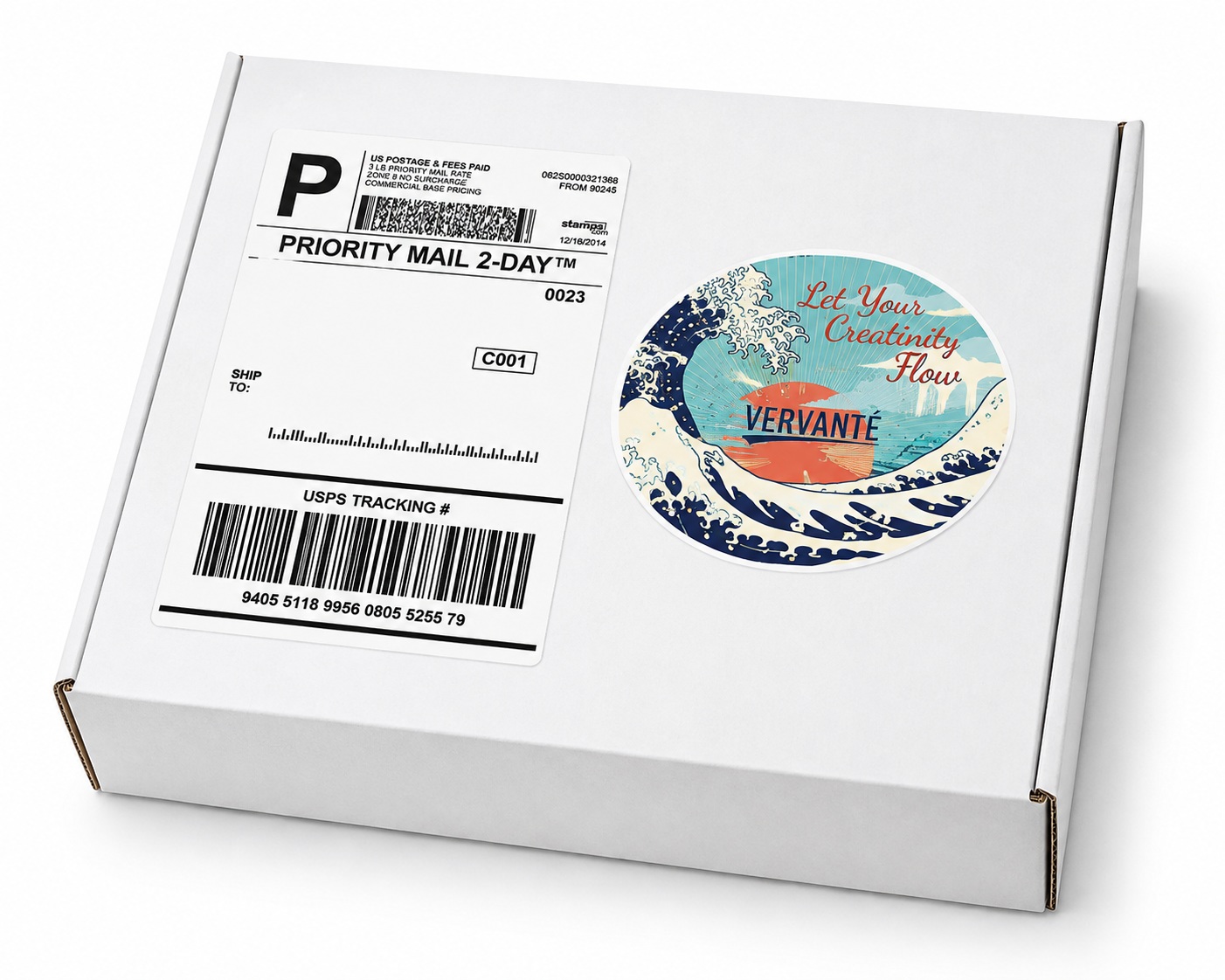 A branded round sticker applied to the outside of a white shipping box beside the mailing label