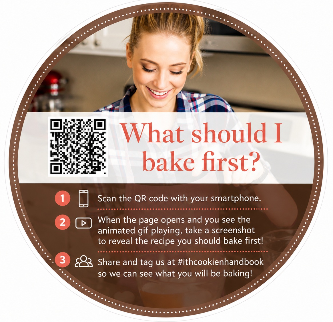 A round sticker carrying a QR code and three numbered steps inviting the reader to scan and share