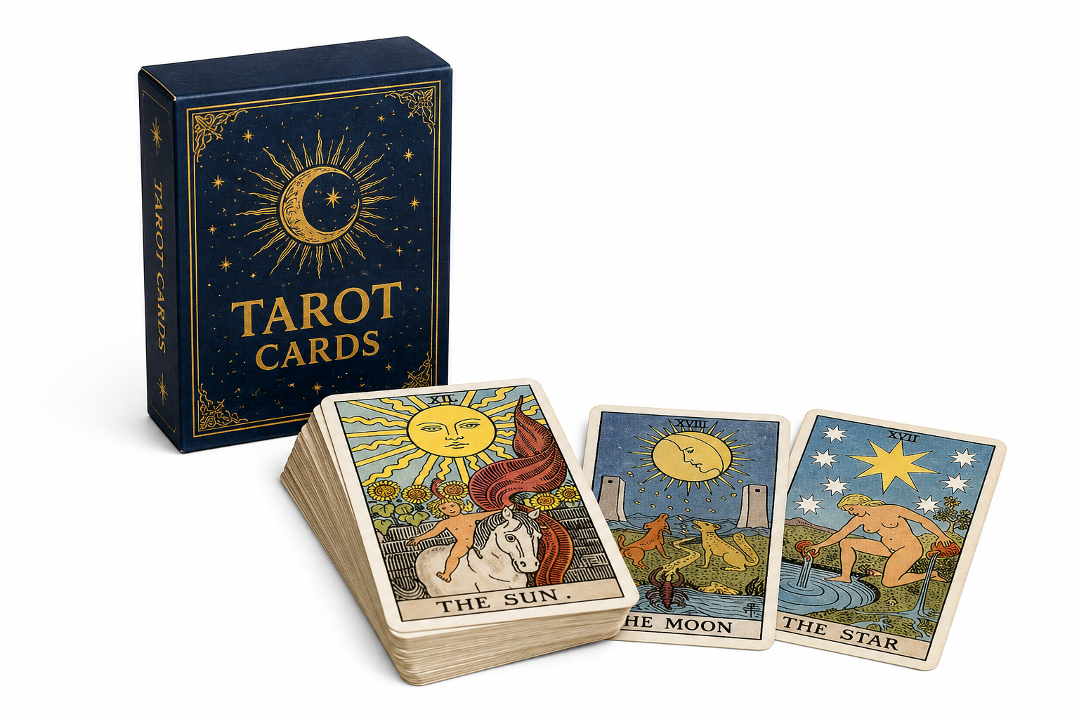 Custom printed tarot deck with navy and gold foil-stamped tuck box