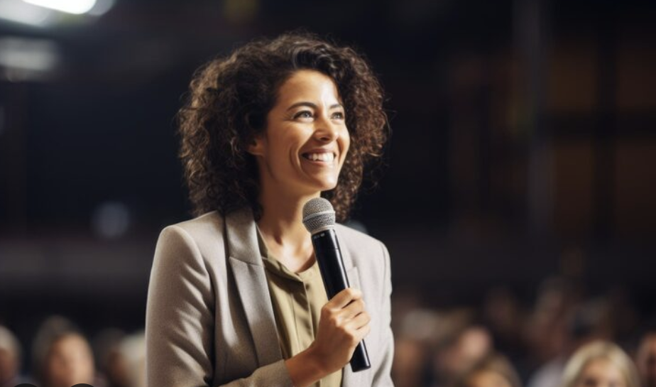 Woman speaking on stage to an audience