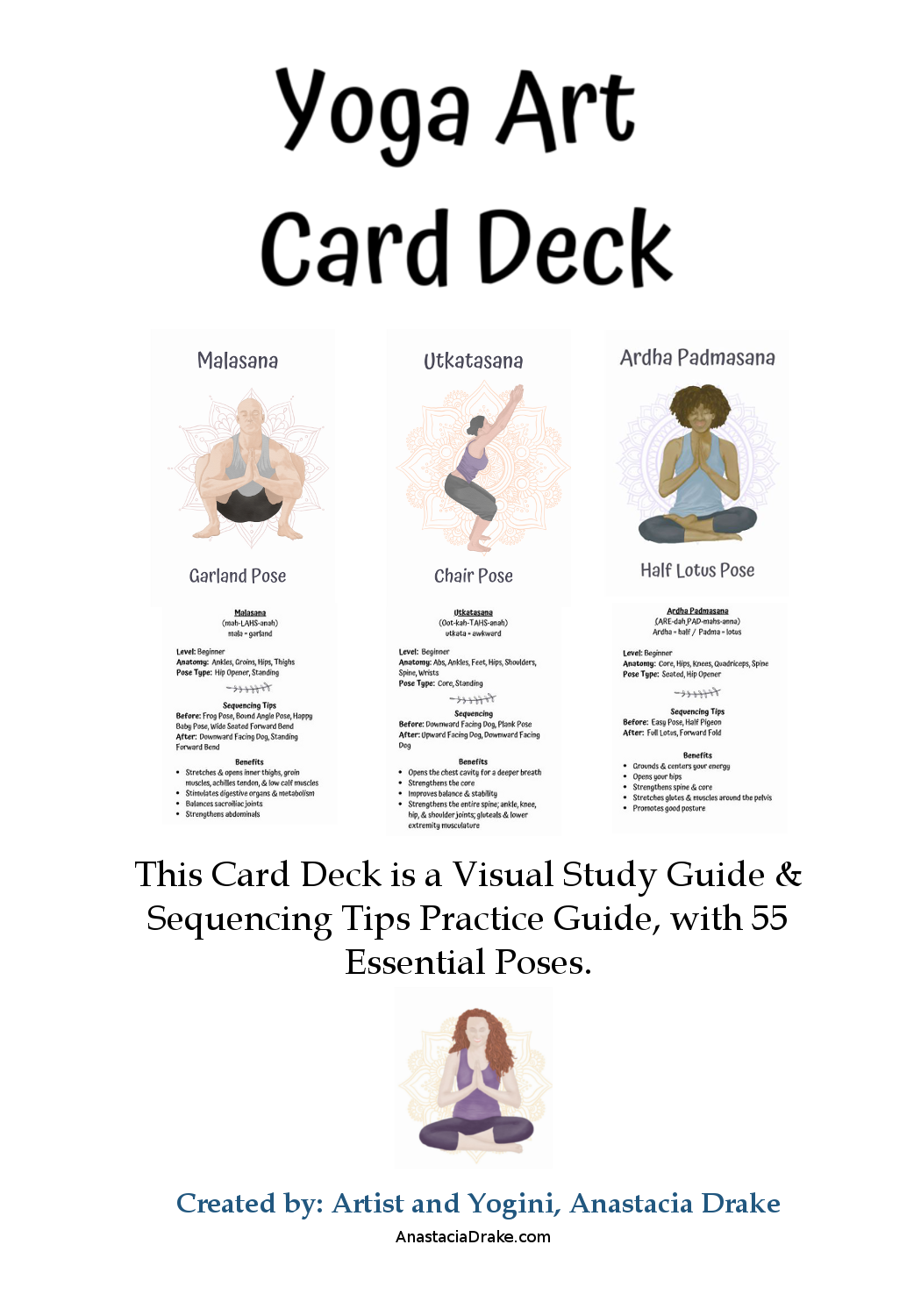 Yoga Art Card Deck: Visual Study and Practice Guide, Sequencing Tips & Practice Guide with Essential Poses, 55 Hand-Illustrated Cards with Sanskrit & English Asana Names