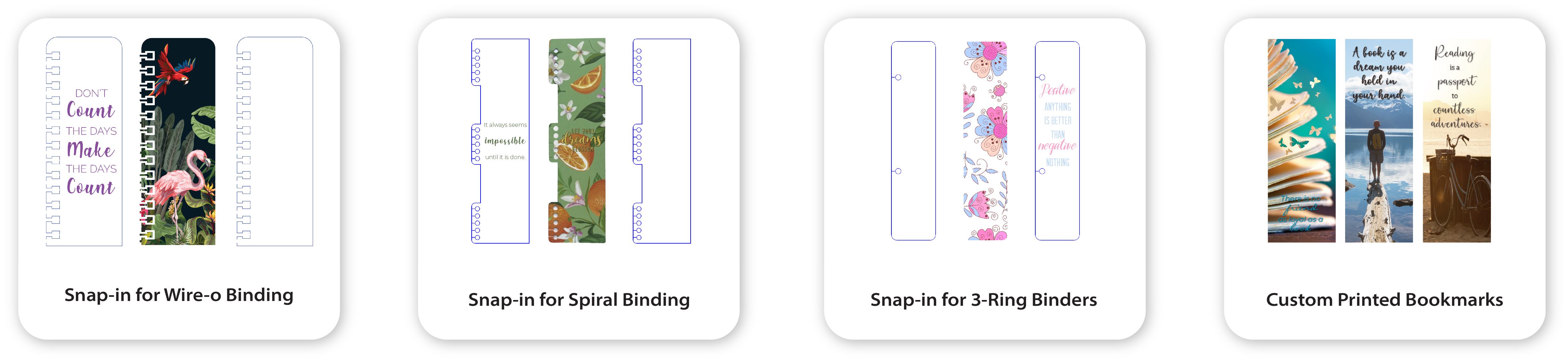Custom snap-in bookmarks showing wire-o, spiral, 3-ring, and printed options