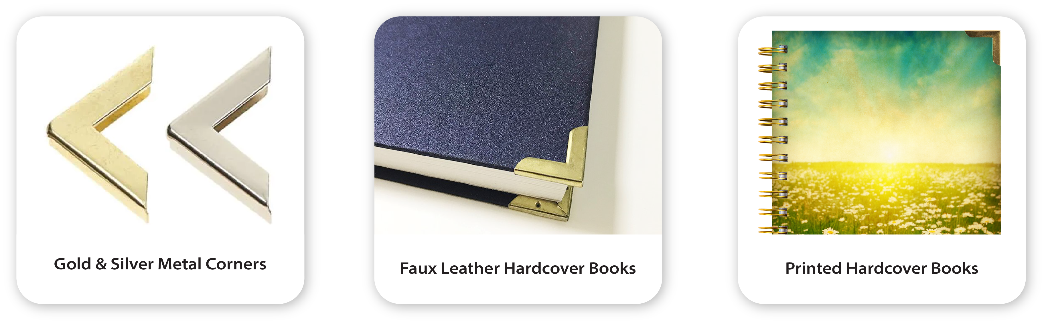 Custom planner and journal examples with metal corners in gold and silver